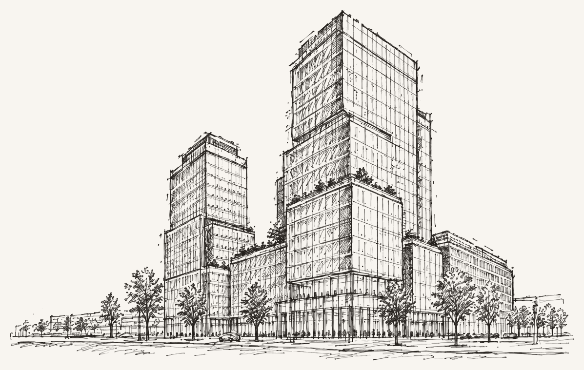 Lijnillustratie van moderne kantoortorens in Amsterdam West